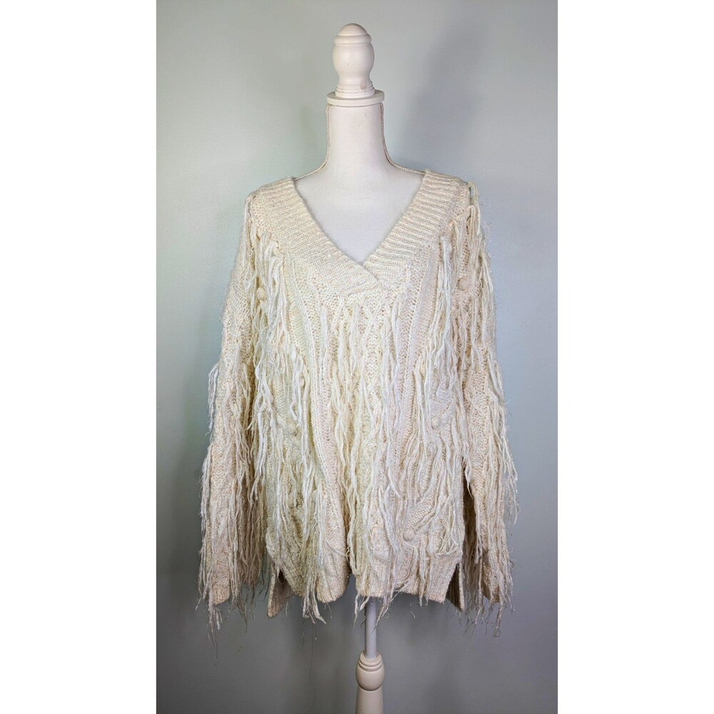 Anthropologie Metallic Shaggy Fringe VNeck Sweater M Ivory Cream Cozy Cottagecor